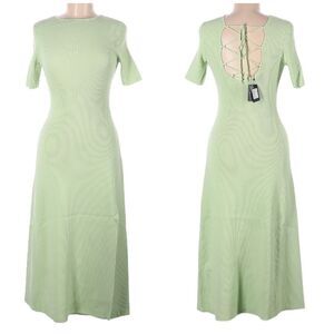 NWT Maje Green A Line High Side Slit Modest Exposed Back Minimalist Midi Dress